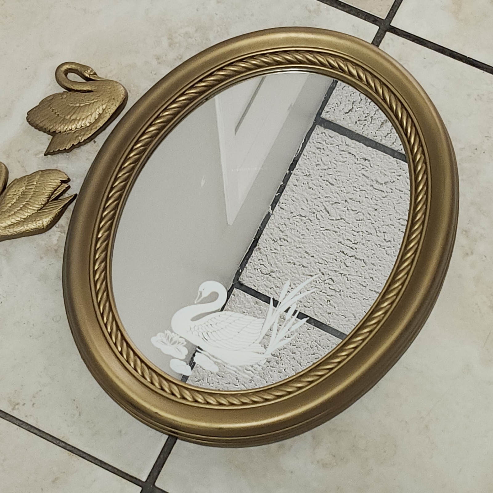 Vintage 15″ wall Mirror Oval gold etched swan & wall art figures
