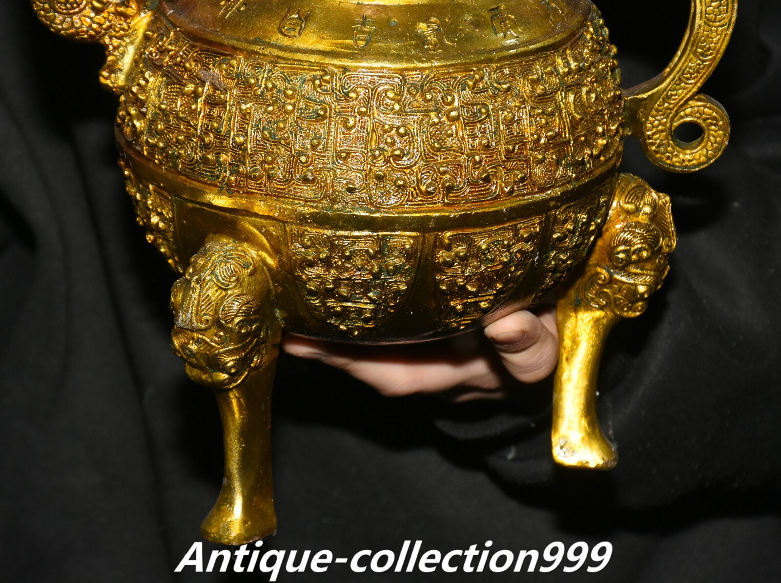 11″ China Dynasty Bronze Ware Gilt Inscription Dragon Beast Wine Tea Pot Flagon