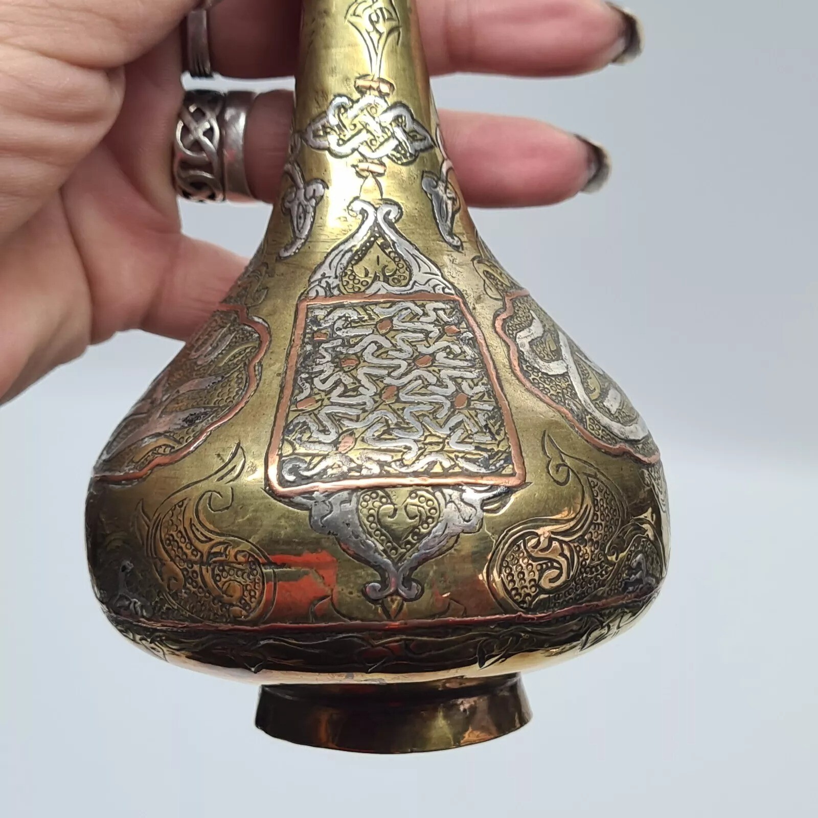 Antique Moorish Brass Decorative Vase Silver and Copper Inlaid