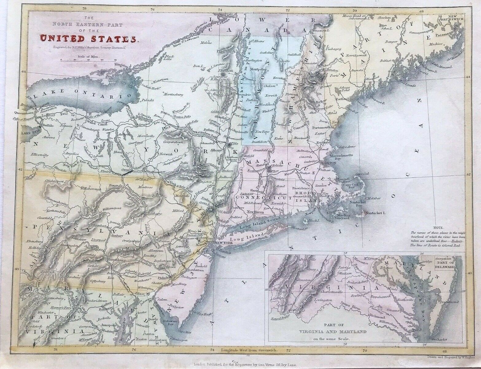united states North East by Hughes engraved original Colour map 1838