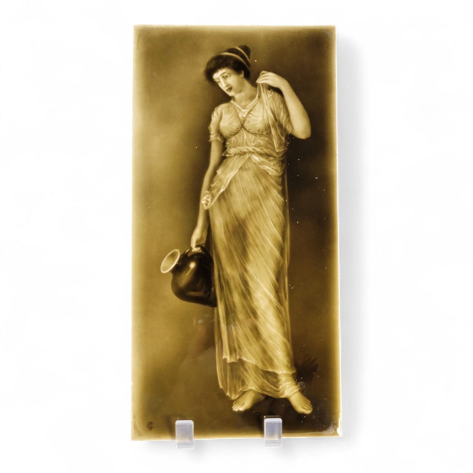 Art Nouveau Sherwin & Cotton Victorian tile “Lady with Ewer” c1890 mustard glaze