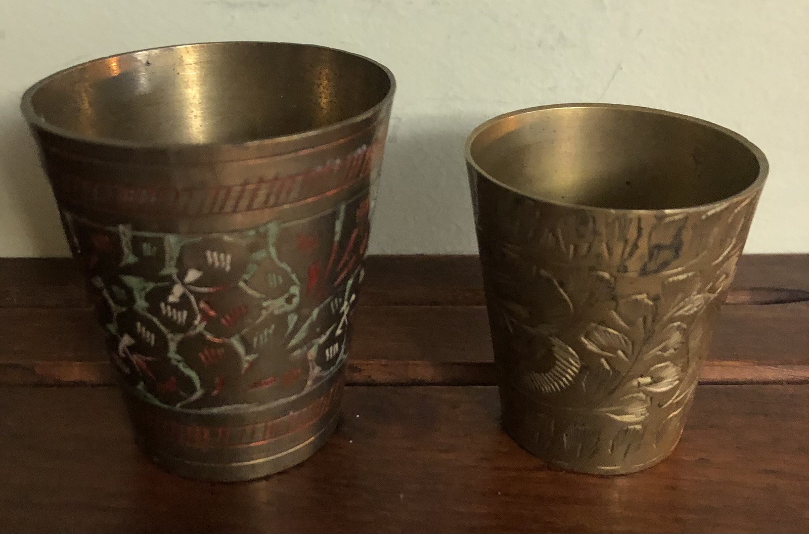 Pair VINTAGE BRASS LASSI Cups Etched Painted Engraved India