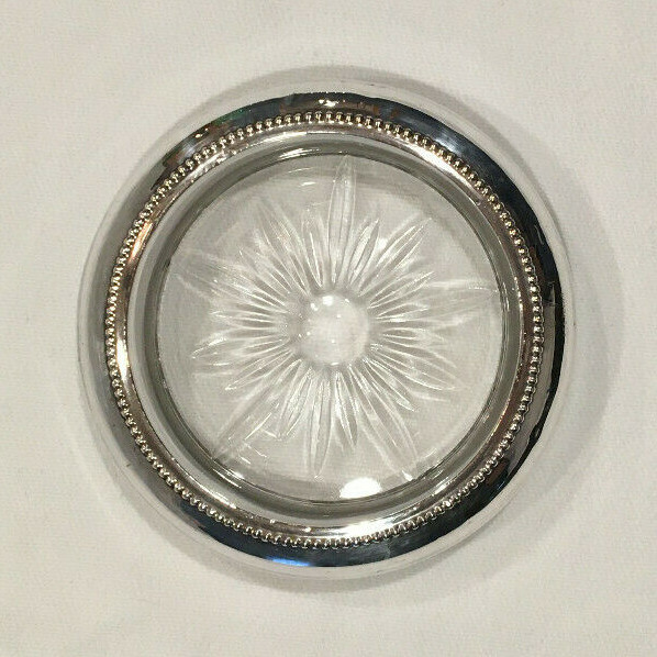 Sterling Silver Rimmed Glass Coaster Beaded Starburst Design Antique B-I