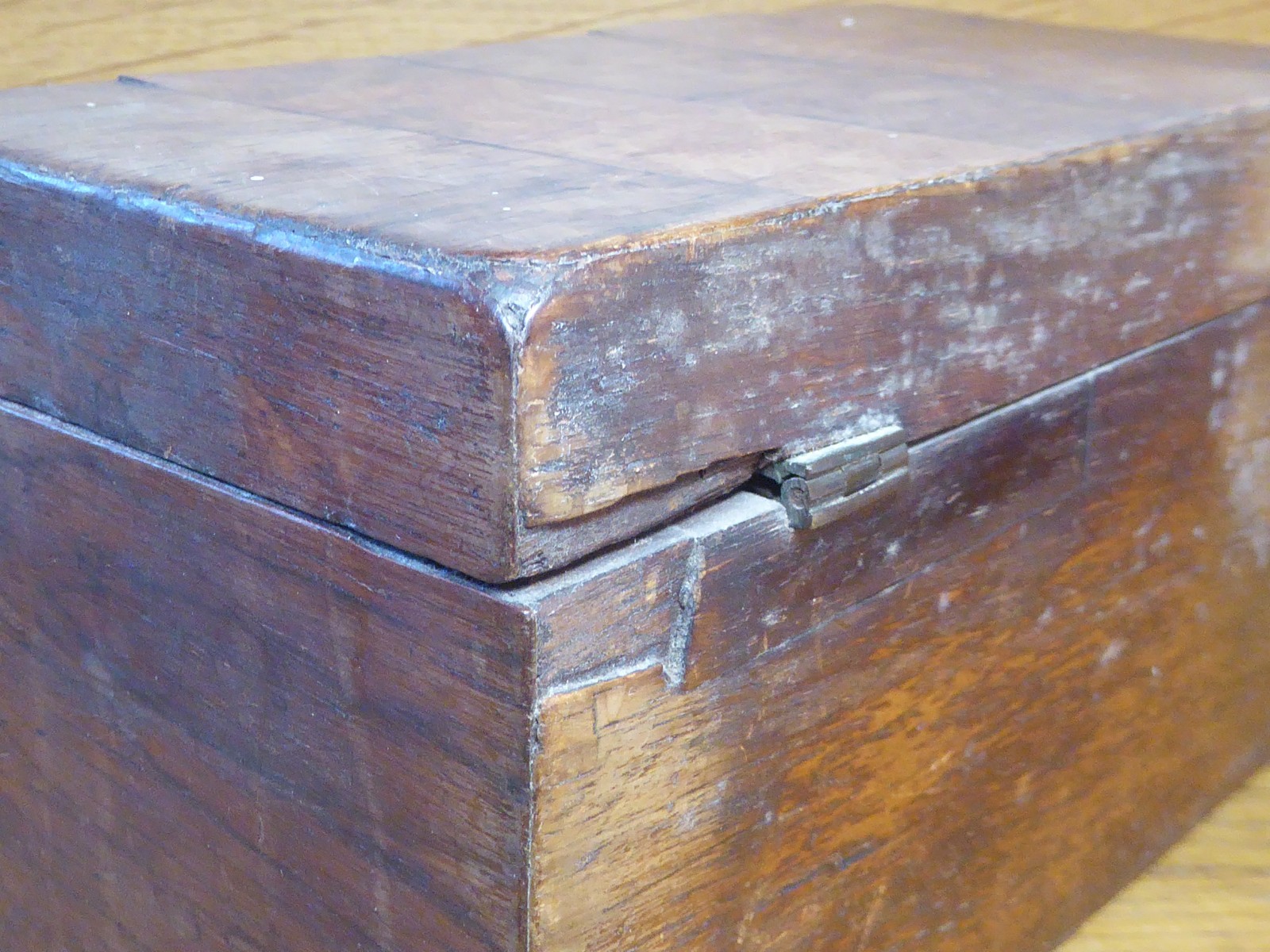 Antique Tea Caddy . Rectangular box with striped blocks of Veneer.2 compartments