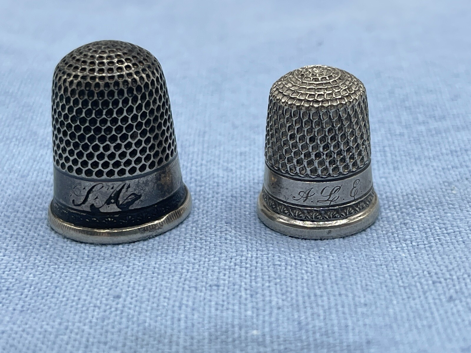 Antique Thimble Set Silver Engraved Initials # 1 S.A. & # 6 A.L.E