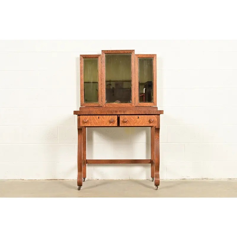 Antique American Empire Tiger Oak Vanity Dressing Table With Mirror, Circa 1900