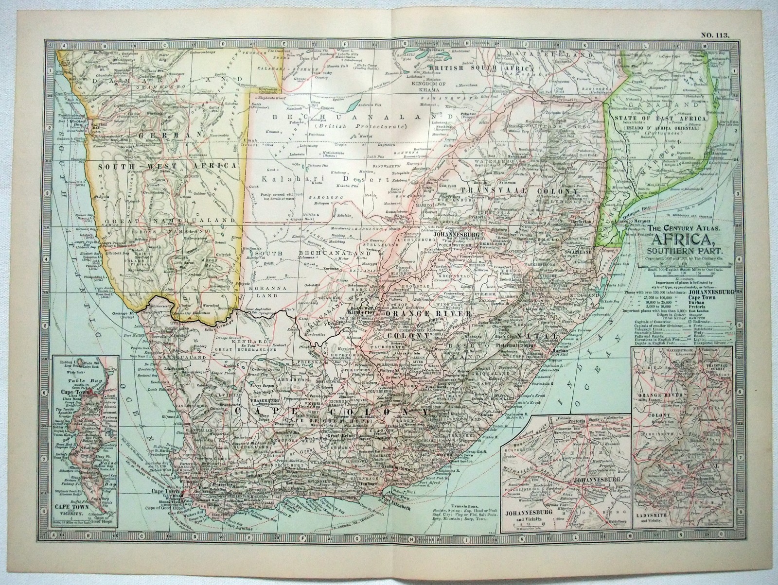 Southern Africa – Original 1902 Map by The Century Company. Antique