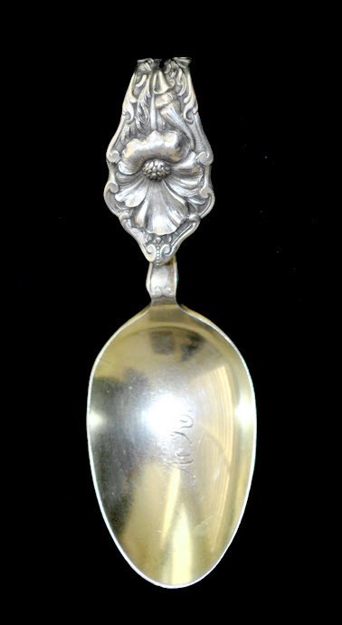 Antique Saart Sterling Baby Spoon Decorative Floral Stem Gilded Bowl Monogram