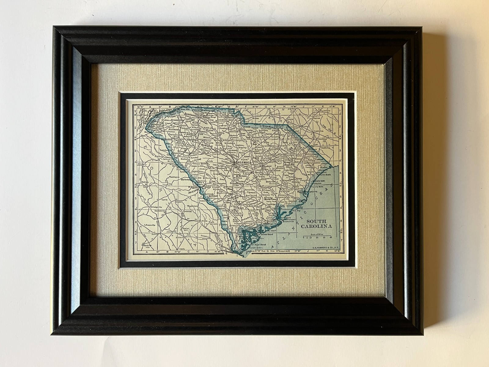 1934 “BLUE” SOUTH CAROLINA State Map by C.S. Hammond Frame/Dbl Mat SEE DESCRIP