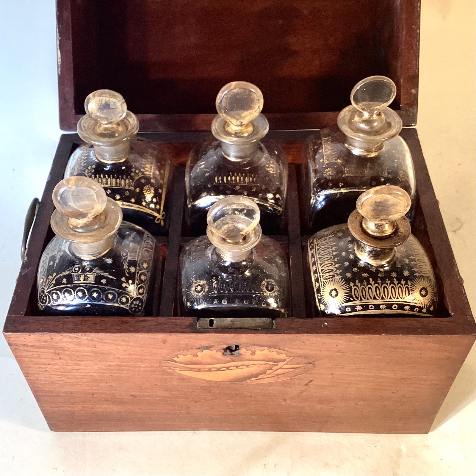 Georgian Inlaid Six Bottle Decanter Case or Box. Shell Inlays. Genuine.