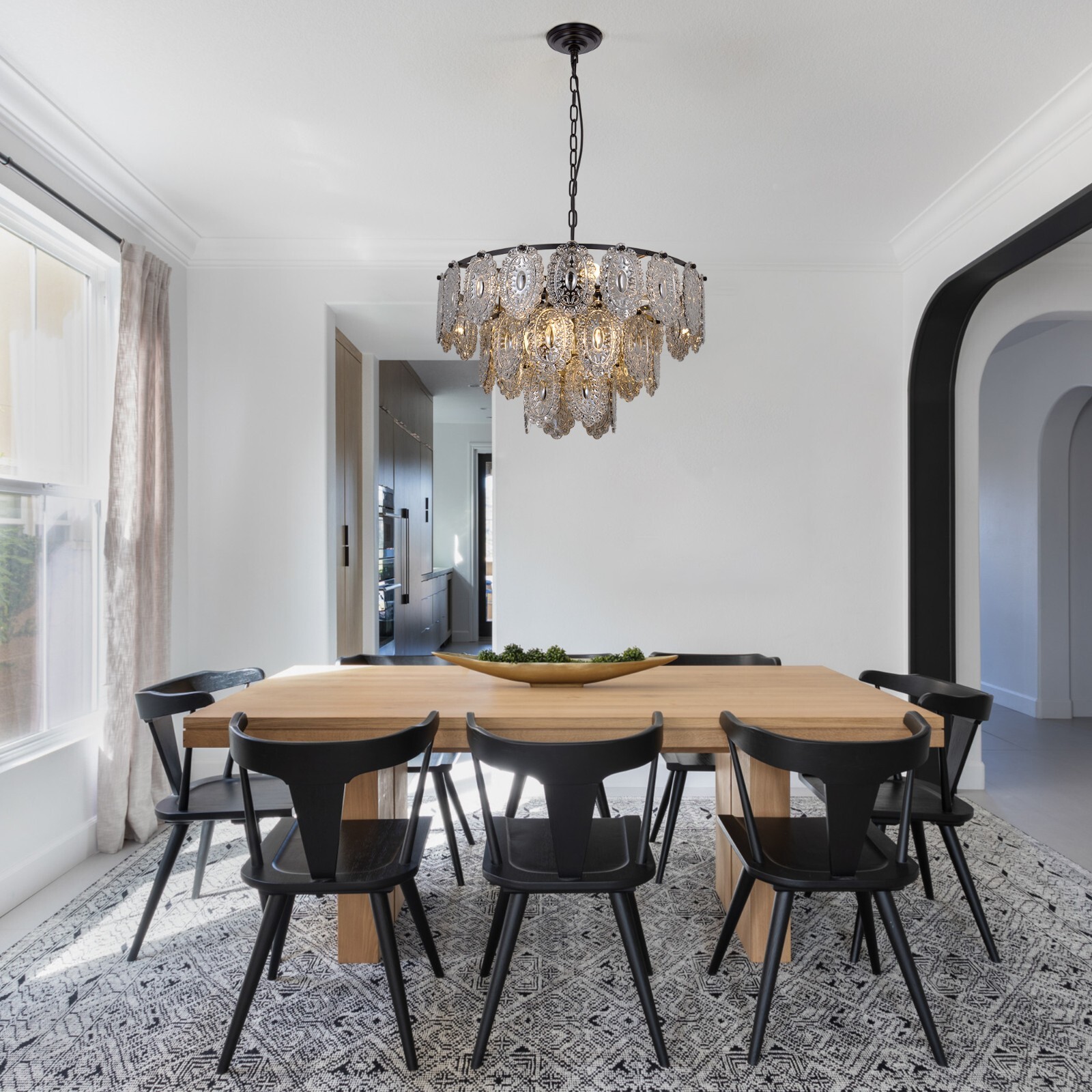 23.6″ Vintage Glass Shield Chandeliers 8-Light 3-Layer Gray Crystal Pendant Lamp