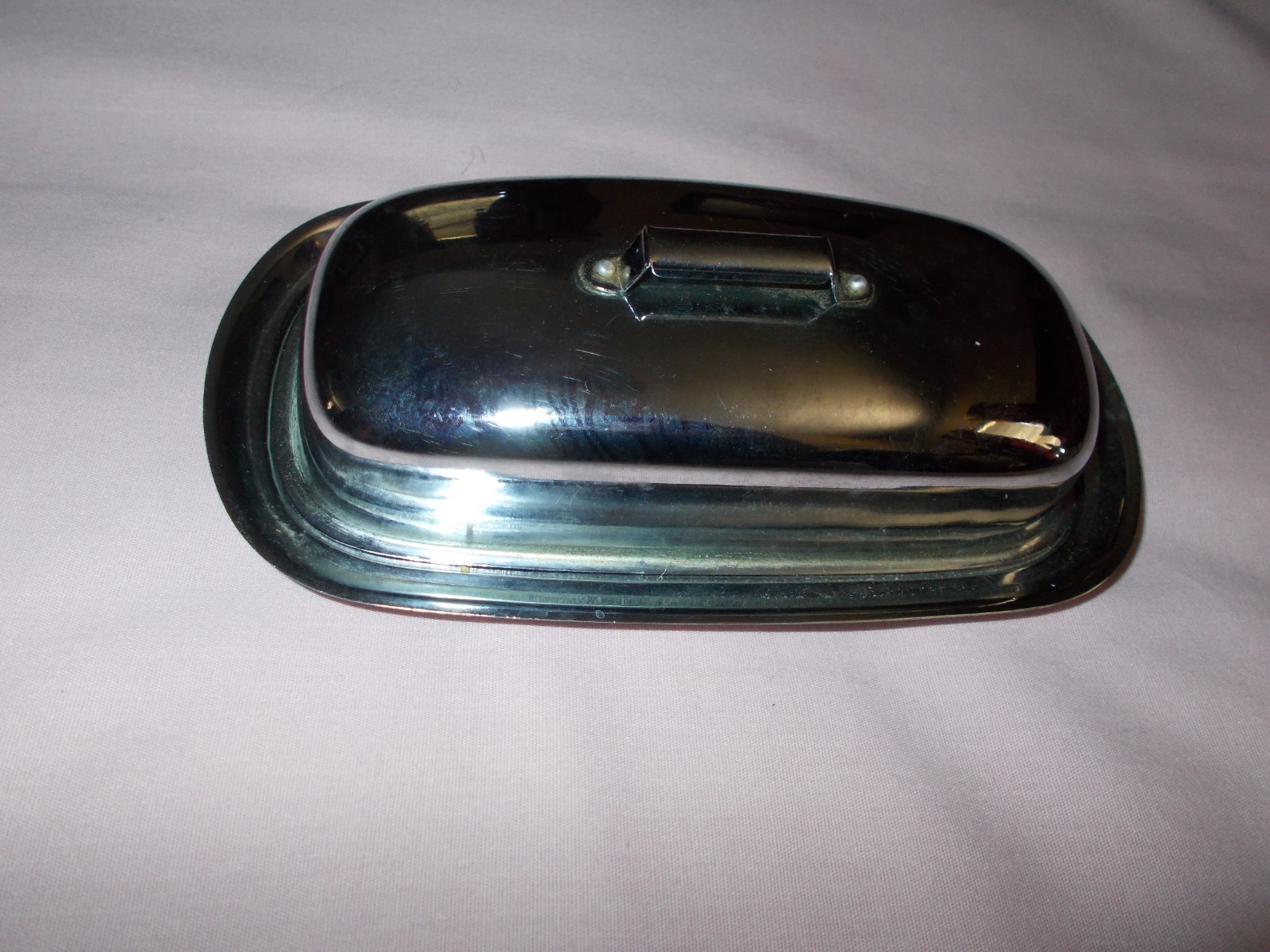 Vintage Silver Plated Metal Butter Dish With Lid Knife and Plastic Insert