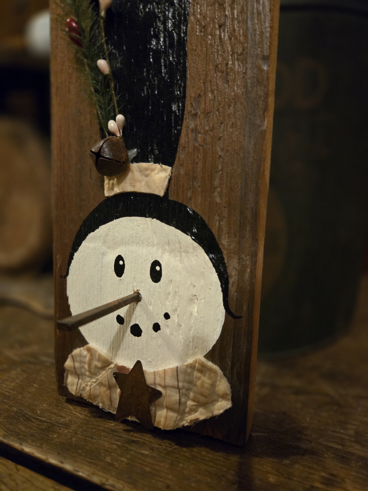 Antique Barnwood Rustic/Primitive Painted Snowman 14″x5″x1″ Christmas