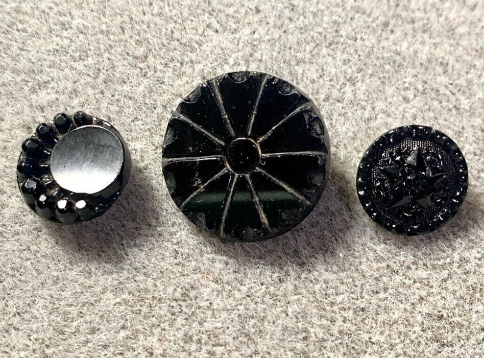 3 Antique Black Pressed Glass Buttons Crescent Star Sunburst 13mm to 19mm