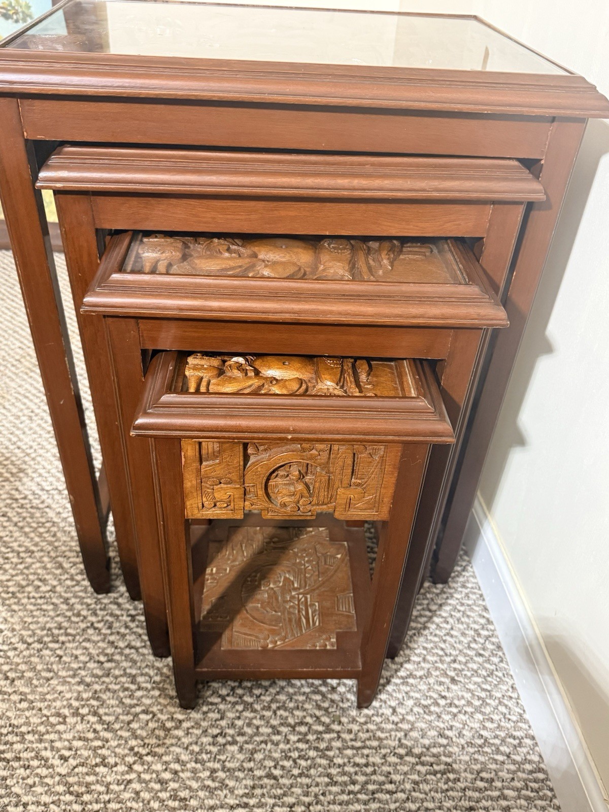 George Zee & Co. Carved Wood Nesting Tables Set with Glass Tops Buddha Carved