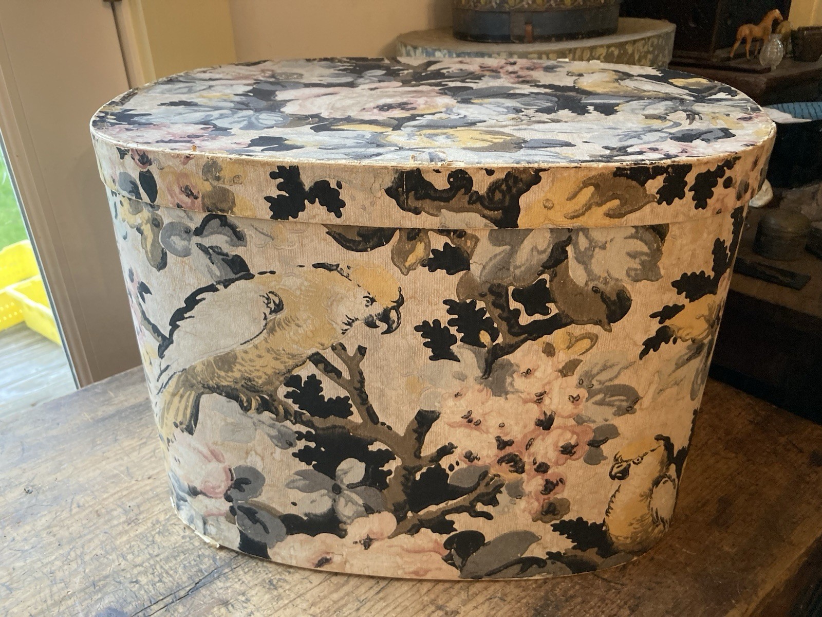 Beauty! Dated 1869 Antique Primitive 19th C Victorian Wallpaper Hat Box Parrot