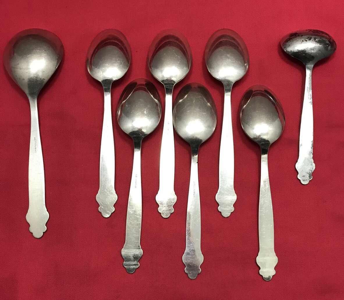 8 Pc 1967 VIDAR Th Marthinsen Norway Silverplated SOUP SPOONS & CREAM LADLE