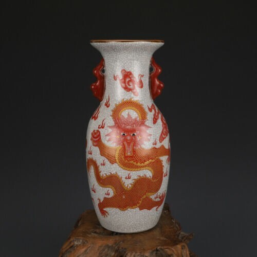 24.5cm Chinese Old Famille Rose Crackle Glaze Porcelain Dragon Pattern Vase