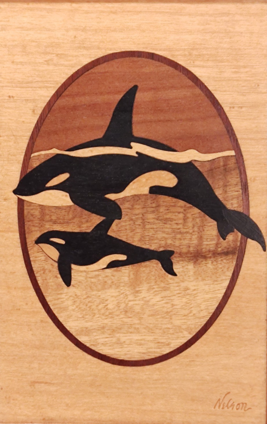 HUDSON RIVER INLAY PICTURE – ORCAS – WOOD MARQUETRY by 7 x 10 – #2