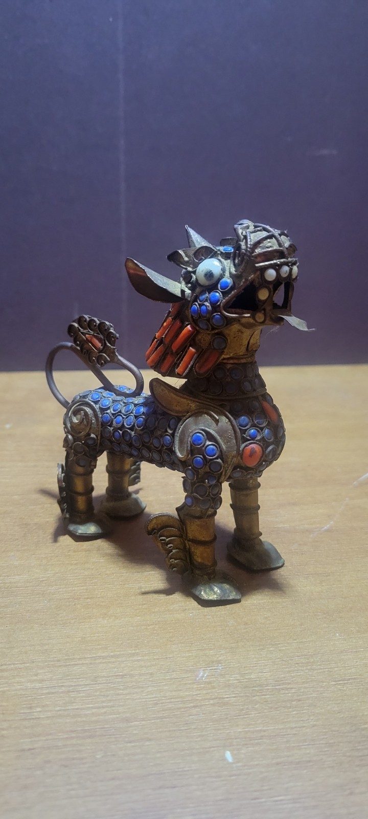 Small Tibetan Brass Kylin Foo Dog Statue w/ Turquoise & Coral Figurine