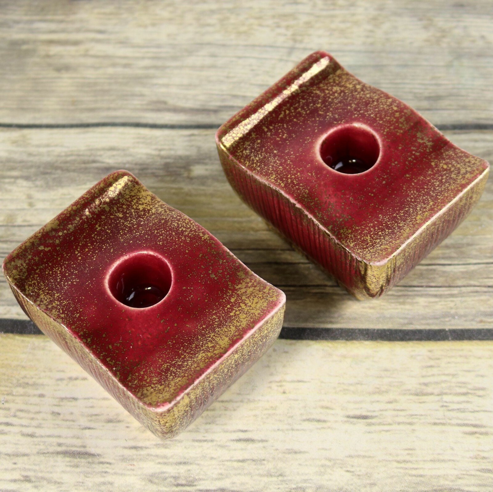 Art Deco Candle Holders Candlestick Mauve Gold Speckled Ceramic Vintage