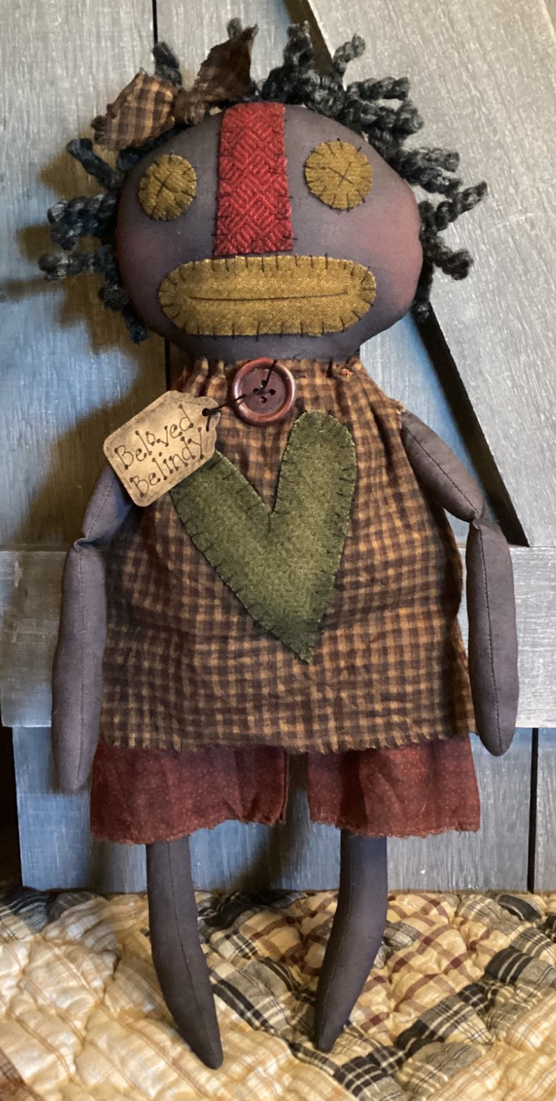 Primitive BLACK DOLL BELOVED BELINDY Handmade OOAK Signed THREADBARE PRIMITIVES