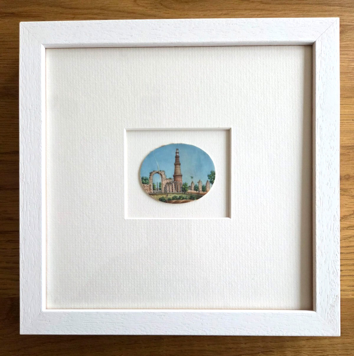 Antique Indian Miniature Painting – Qutub Minar, Delhi – Framed Matted