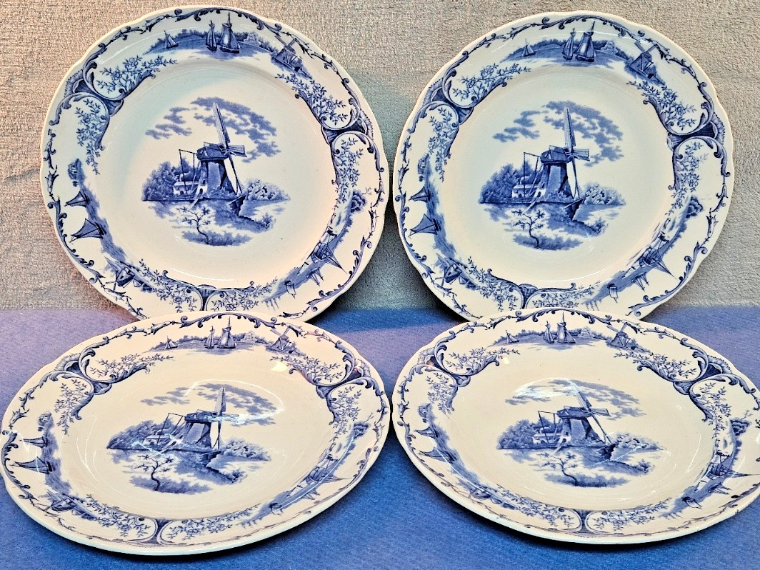 Antique British Anchor Delph Windmill Dinner Plates Set of 4 Blue White 25cm