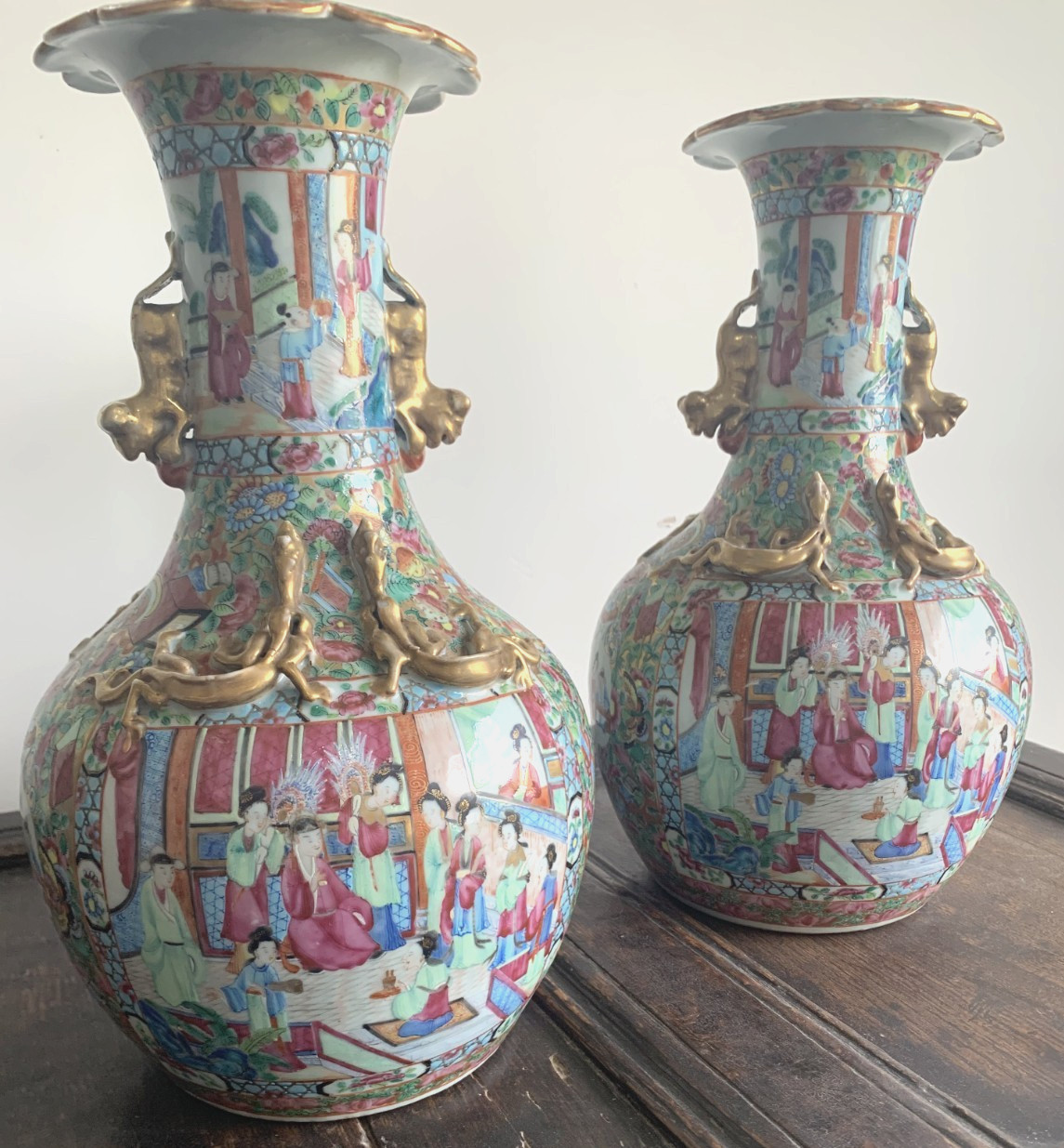 19th C Matching Pair Chinese Canton Famille Rose Palette Vases 32 cm tall