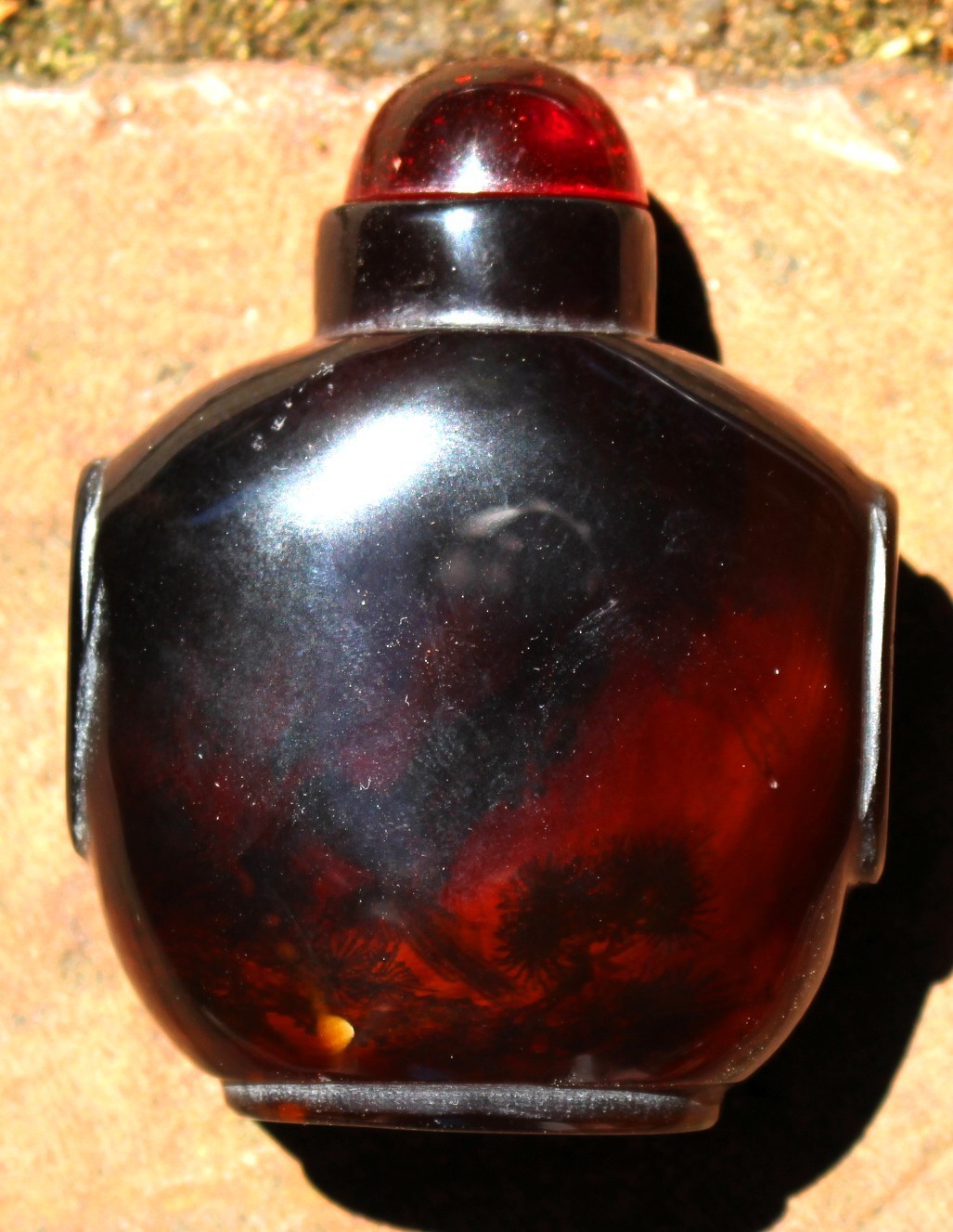 Chinese Qing Dynasty Carved Dark Agate Snuff Bottle c. 1910