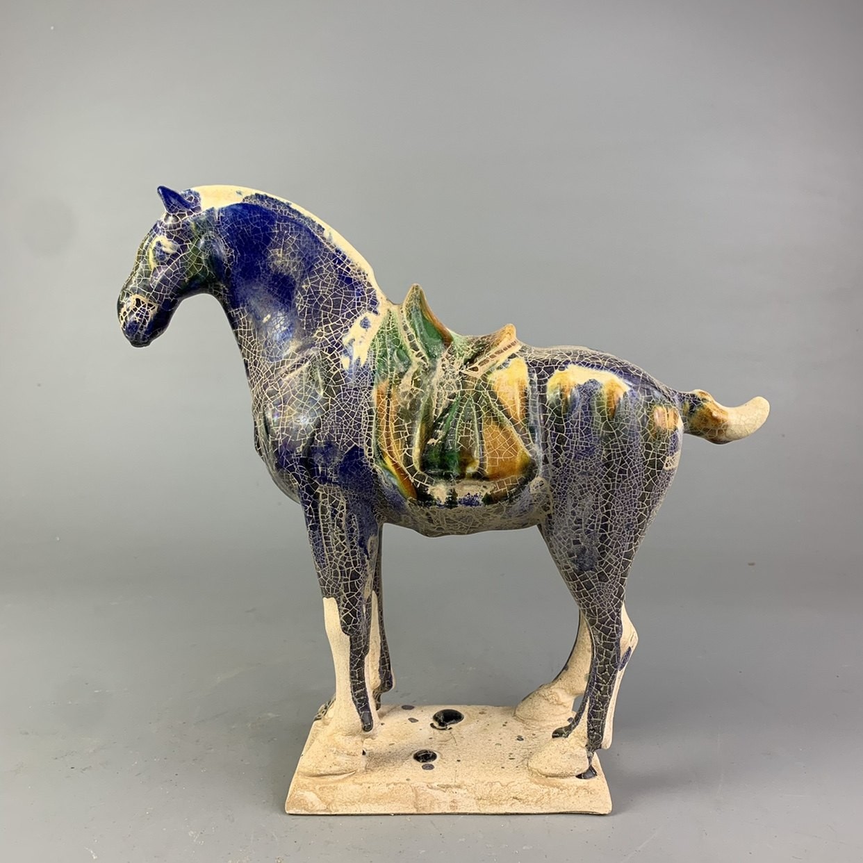 Chinese Tang Tri-Color Glazed Ceramics Blue War Horse Porcelain Statue 8.11″