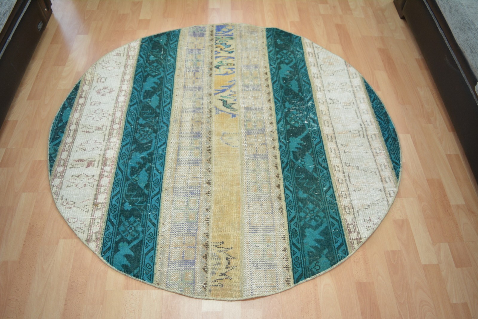 Blue Turkish Vintage Round Rug, 4.8×4.8ft, Antique Multicolor Handmade Rug,