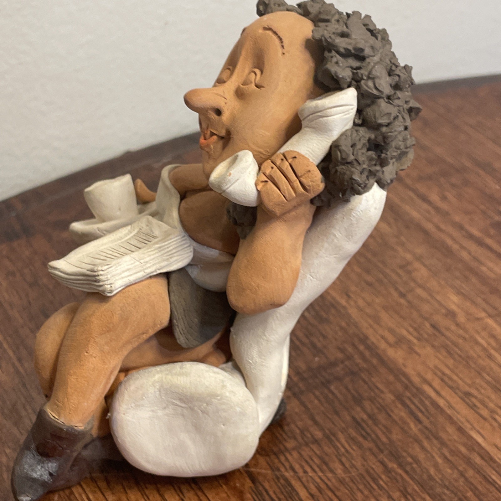 Denis Filtser Clay Figurine Woman Gossip Bench Phone Coffee Signed Pottery Art