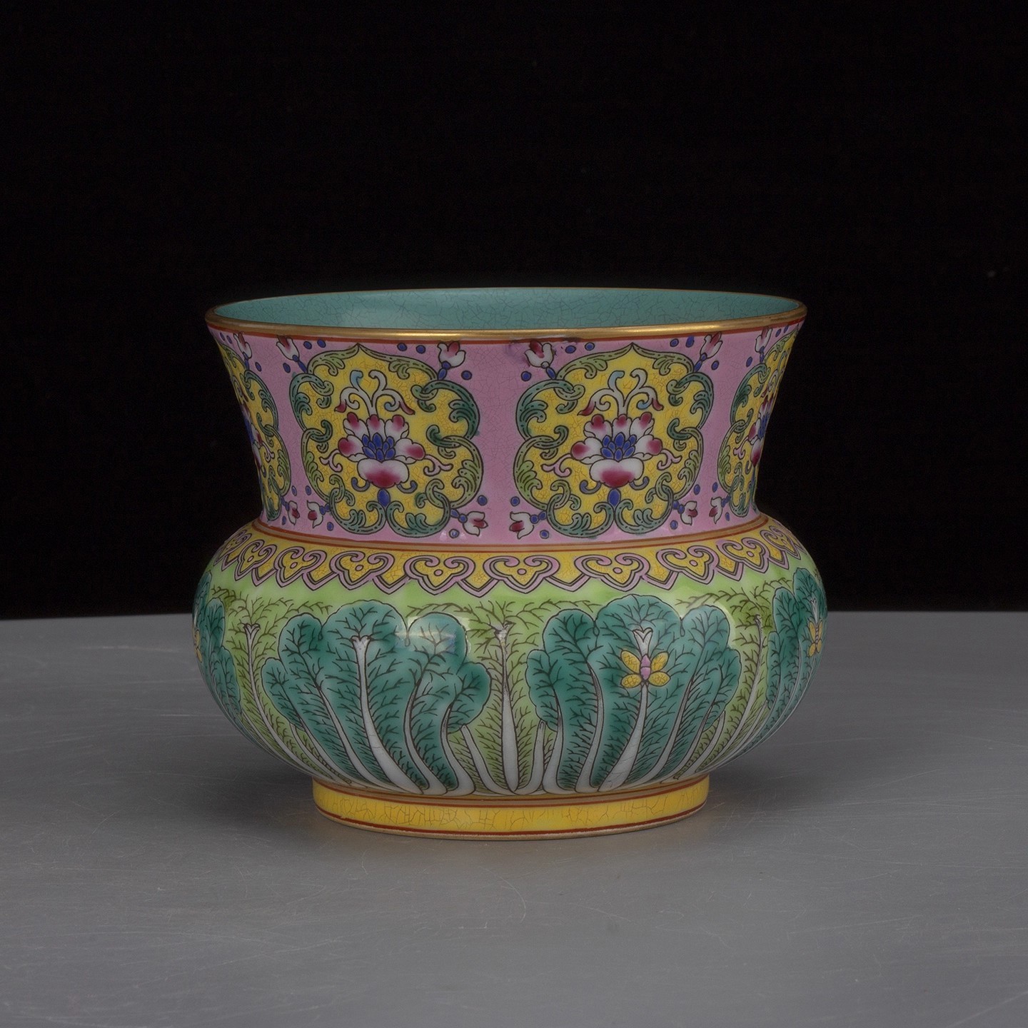 Chinese Famille Rose Porcelain Cabbage Lotus Pattren Pot Slag Hopper 4.92 inch