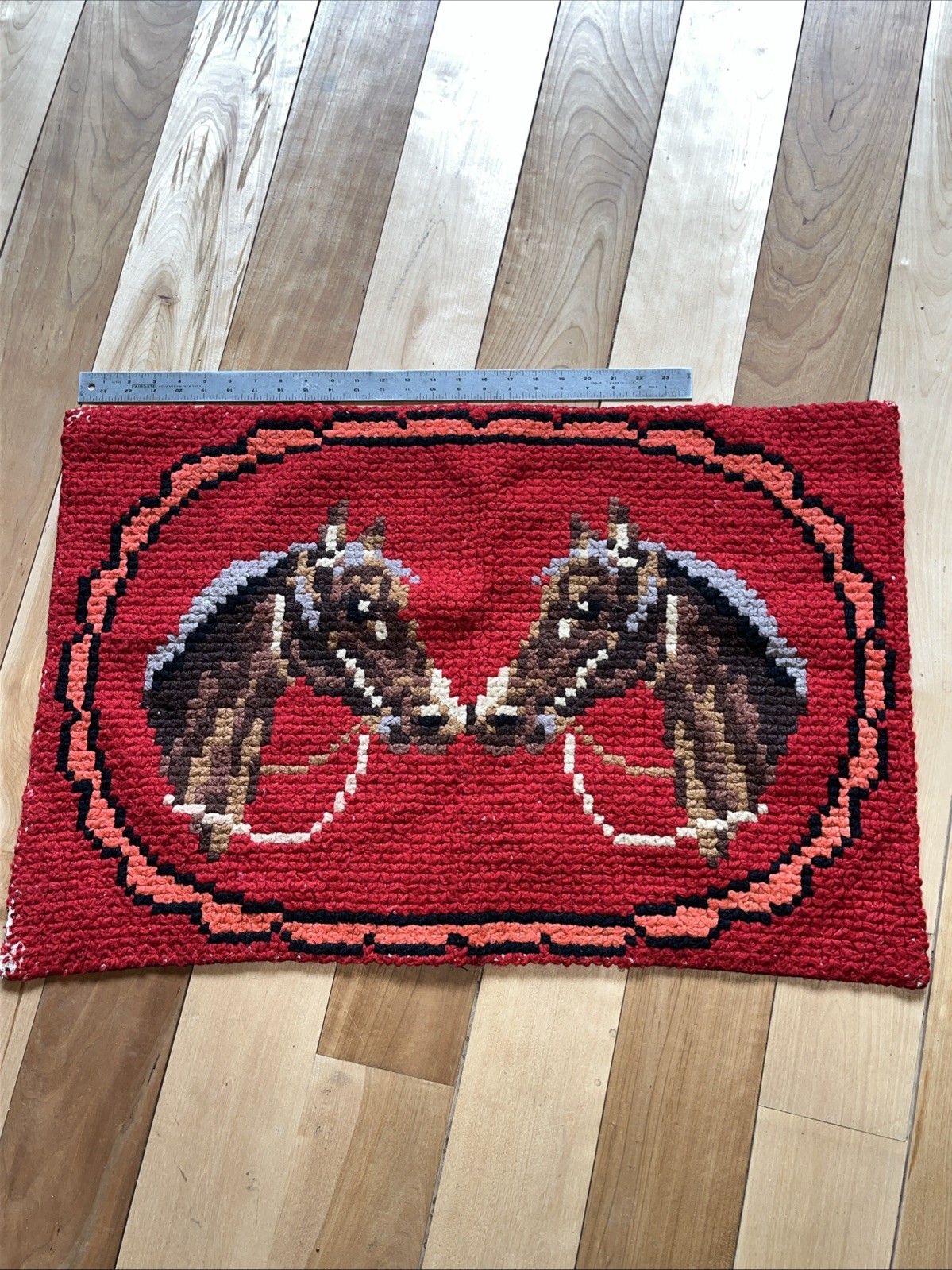 Vintage Antique Handmade Horse Hand Hooked Rug 32” By 21”