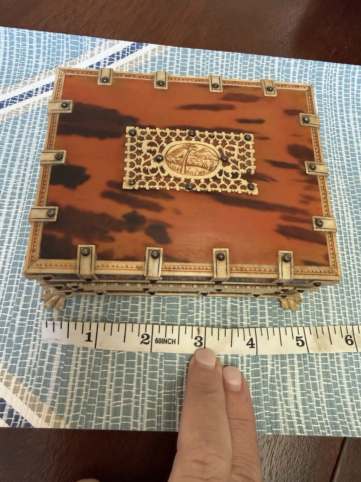 Antique Victorian Small Tortoiseshell Box Veneer With Fret Work & Paw Feet