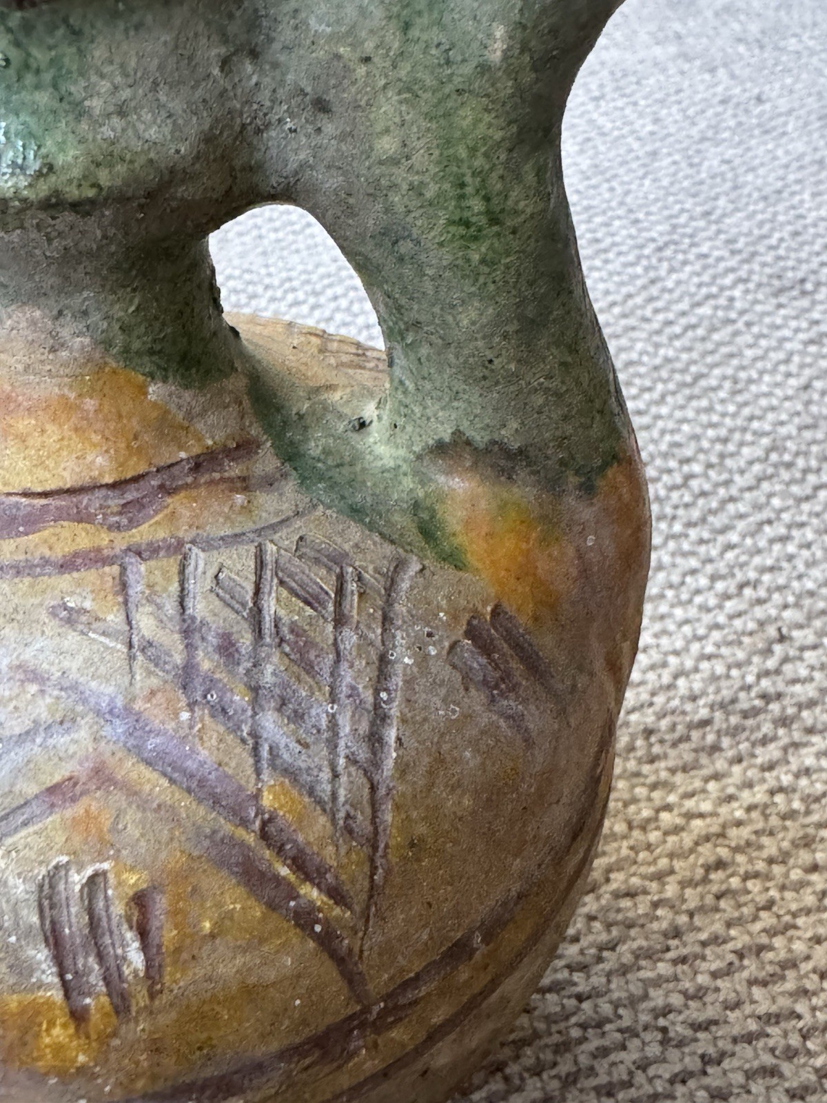 Antique Primitive Glazed Hungarian Terracotta Pottery Wine Olive Two Spout Jug