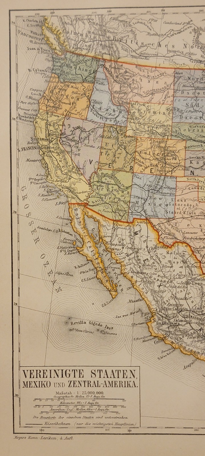 1889 color lithographed German map Meyers USA Mexico Central America West Indies