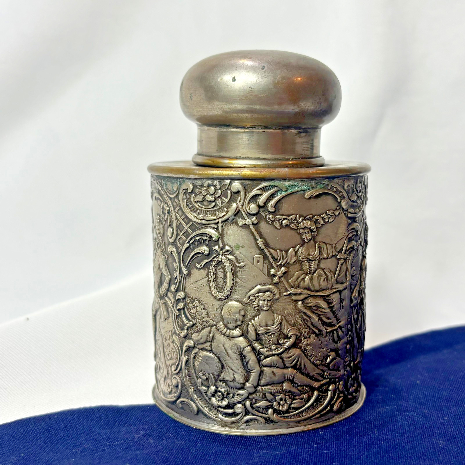 Antique Tea Caddy Repousse Victorian Courting Couples Lion Passant Marked