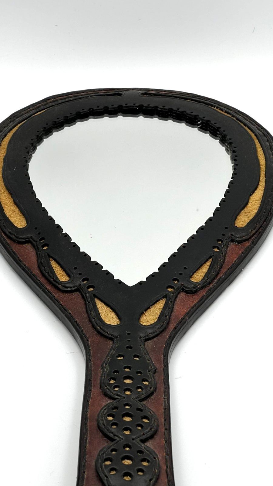 Signed Dated 1975 Hand Tooled Leather Artisan Mirror Numbered #42 Folk Art