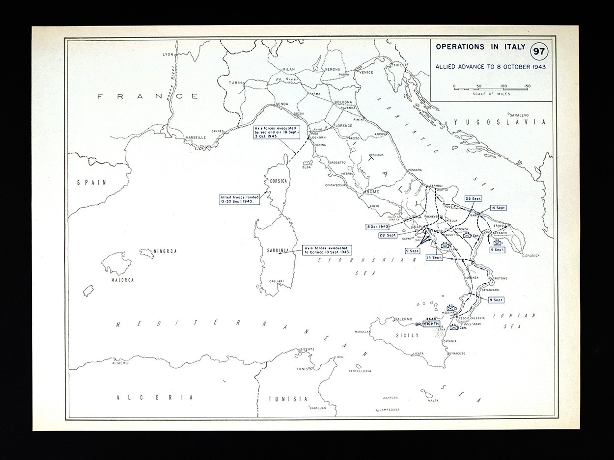 WWII Map 97 Operations in Italy Allied Advance Messina to Naples to Oct 8 1943
