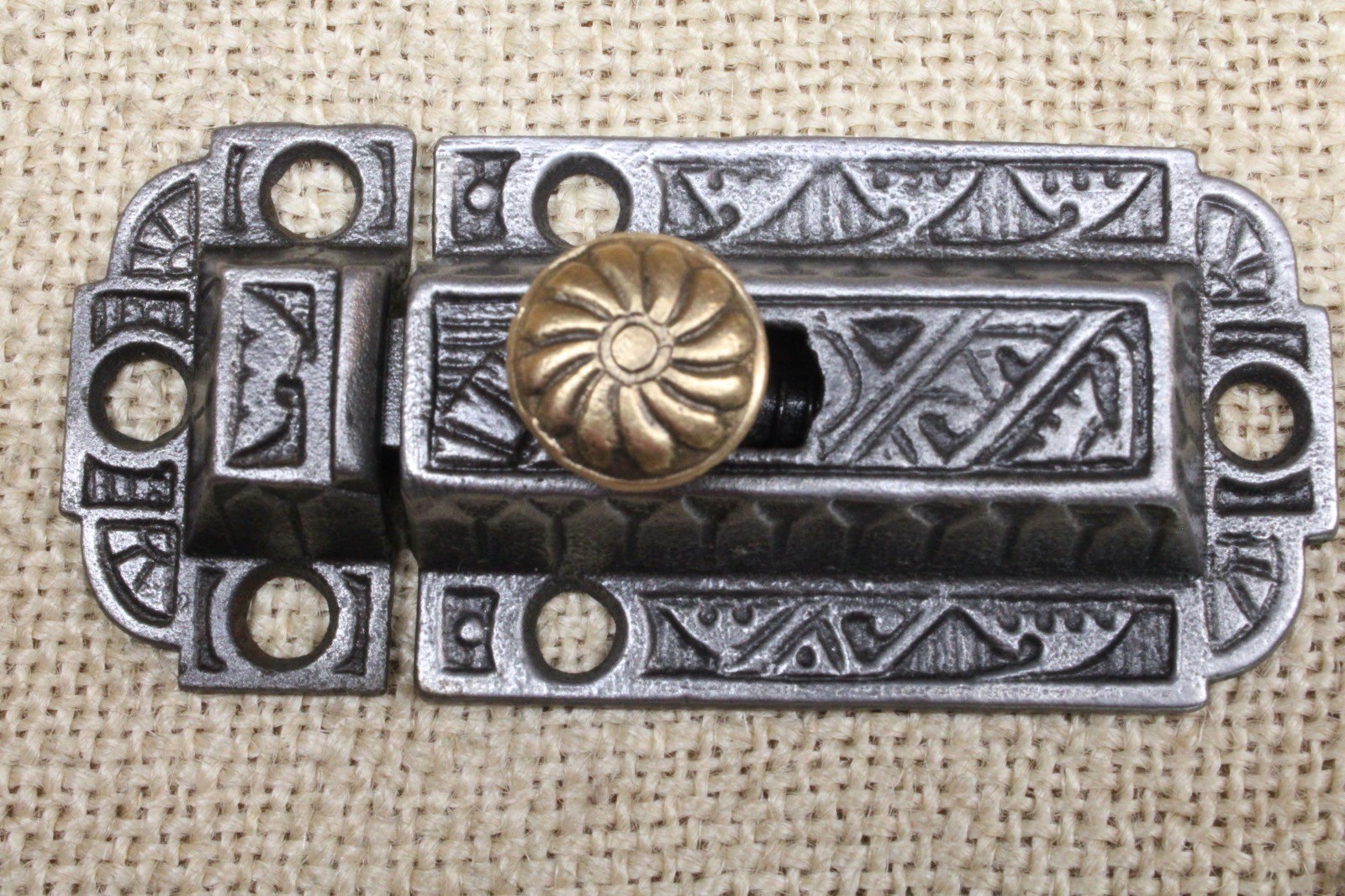 Old Cabinet Catch Cupboard Latch Brass Knob Iron Pinwheel Eastlake Leaves 1870’s
