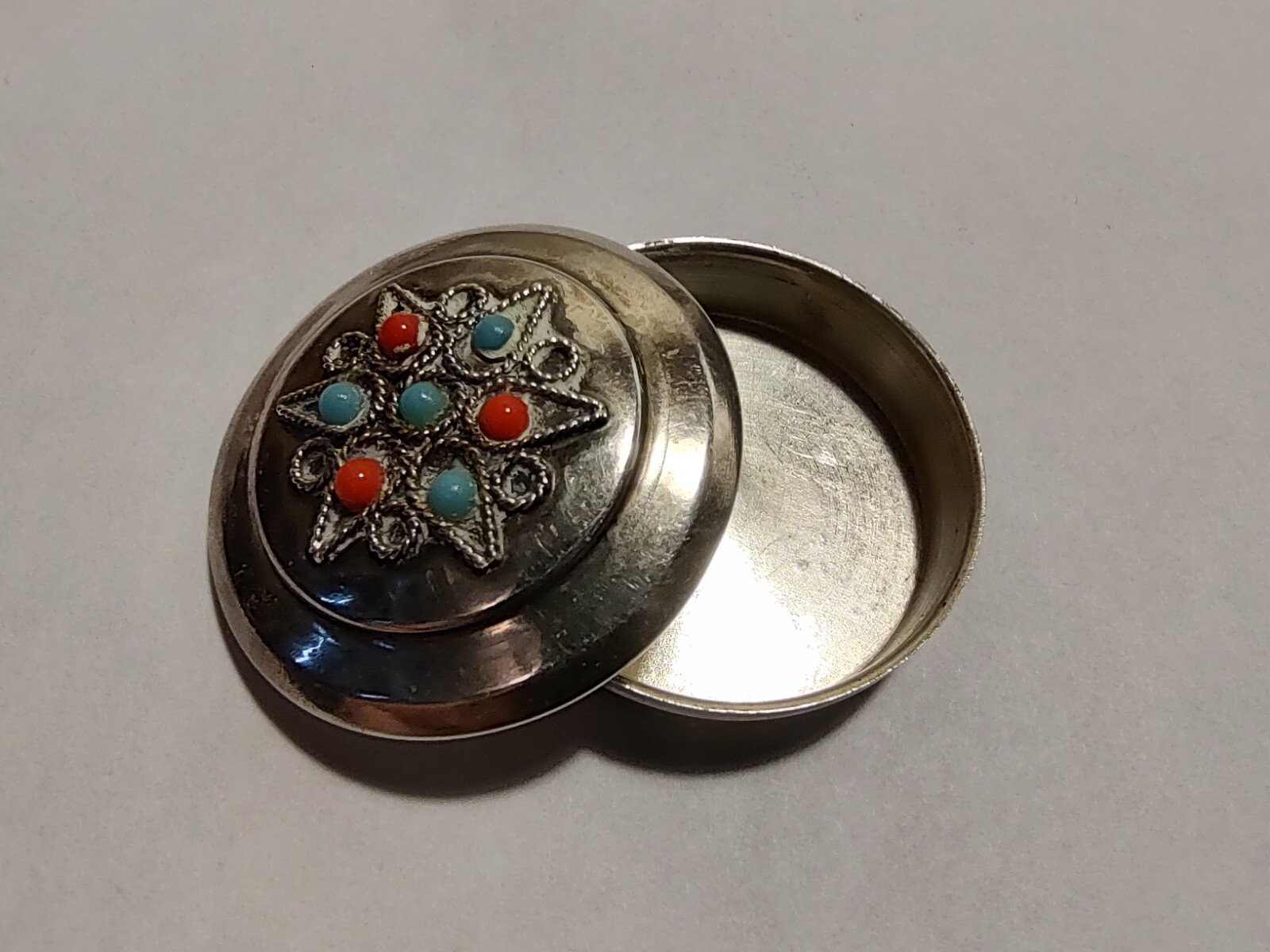 Vintage Israel 935 Sterling Silver Turquoise Coral Box with Maker’s Mark