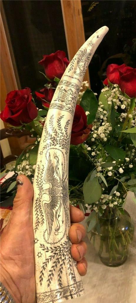 Scrimshaw REPRODUCTION Walrus Tusk the “TEMPEST” 18 inches long around curve