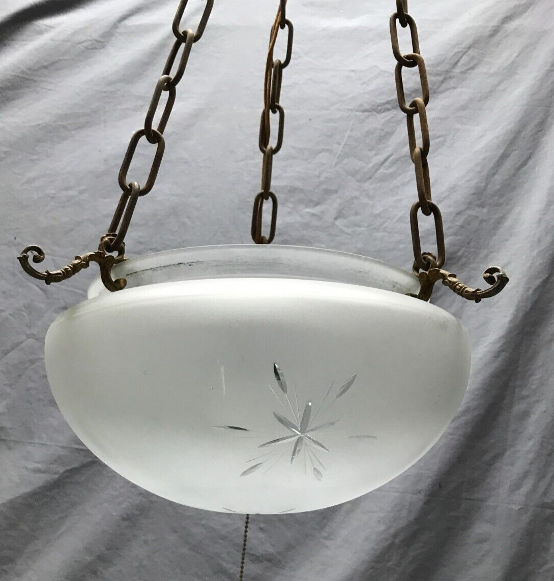 Antique VTG Brass 3 Light Hanging Fixture Frosted Textured Glass Old 912-24B