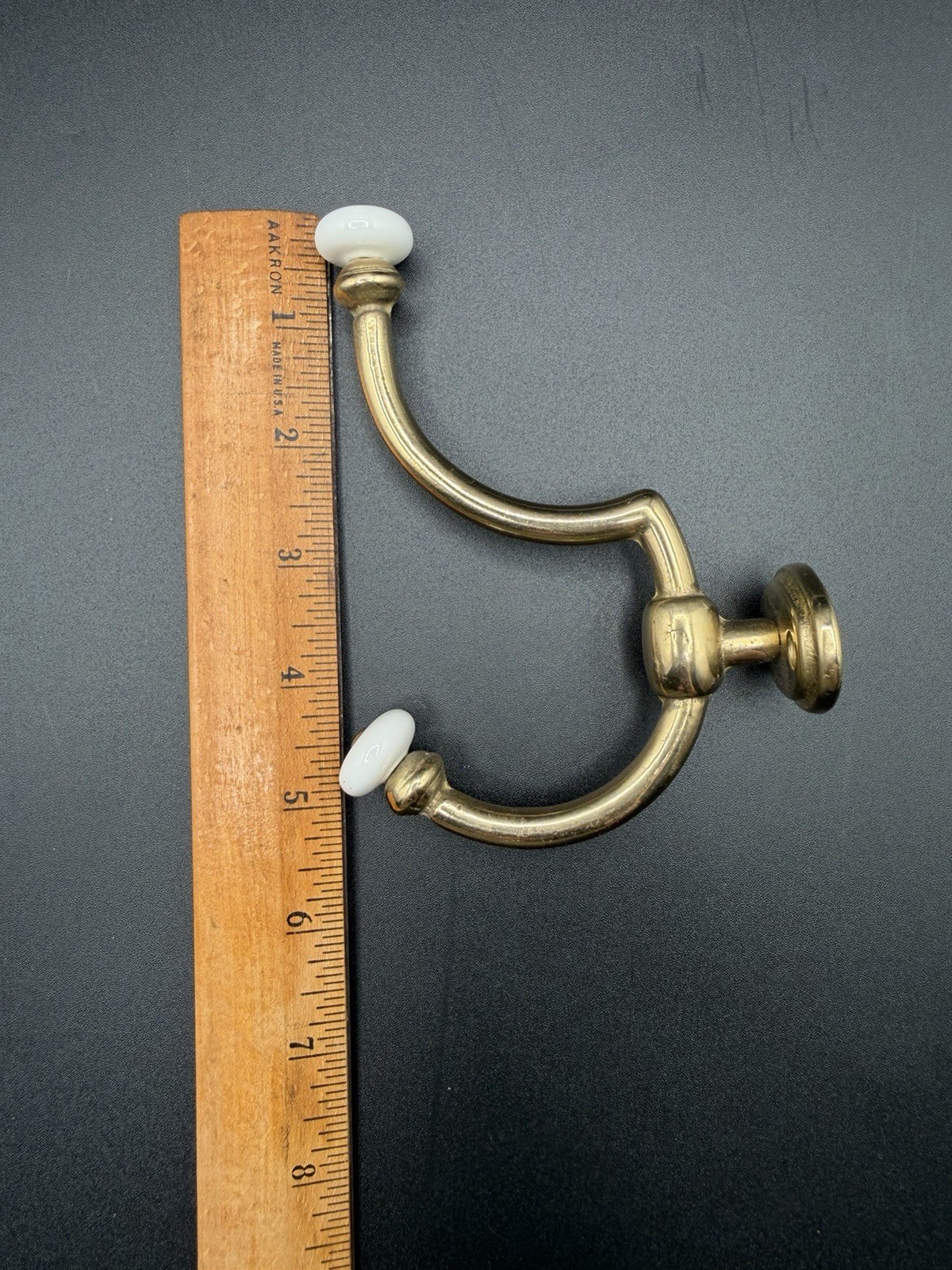 Coat Hook Ceramic Ends Two Prong Vintage Brass – Back Mount 5.5” See Pics
