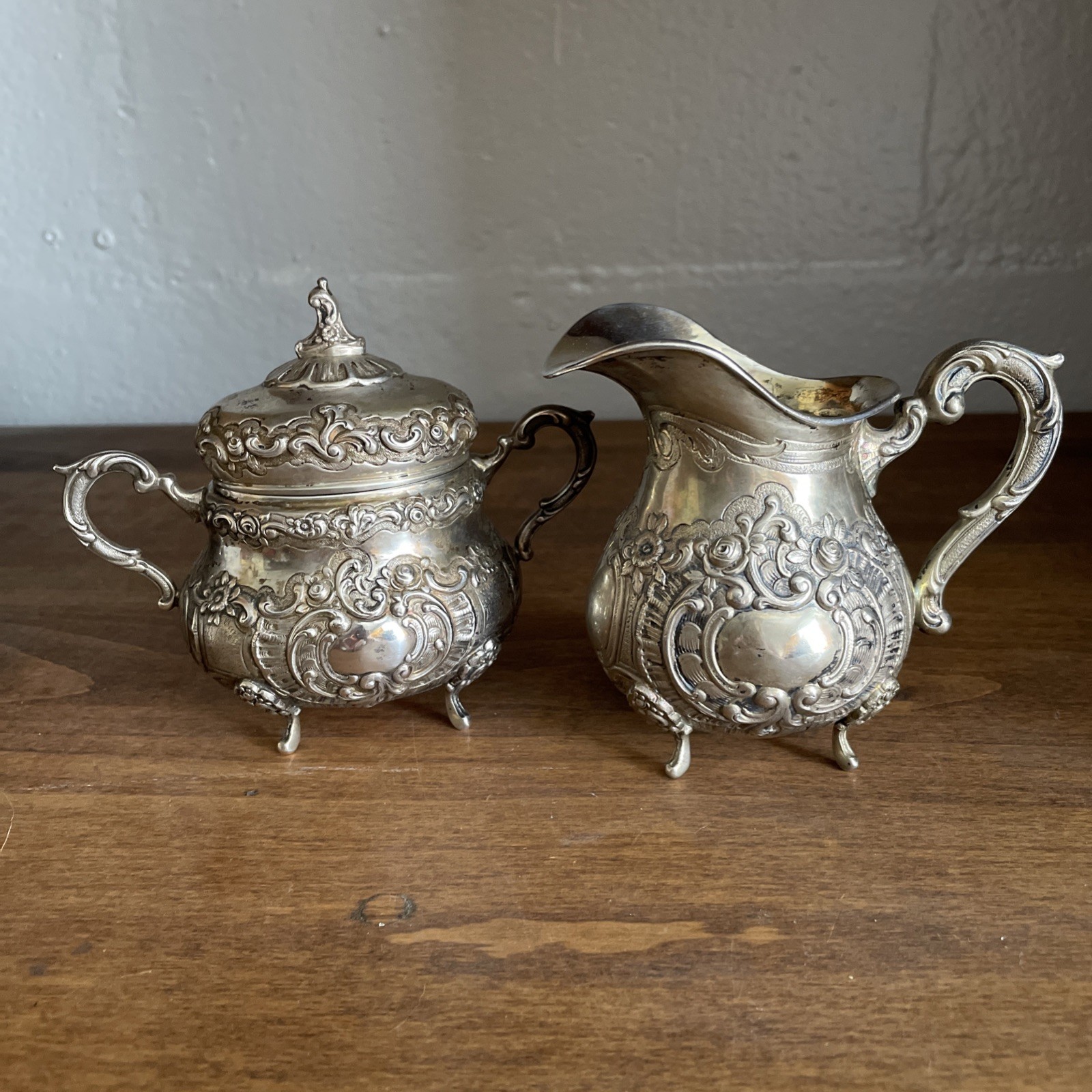 800 SILVER EUROPEAN Repose FOOTED SUGAR BOWL W / LID & CREAMER JAR 15.4oz