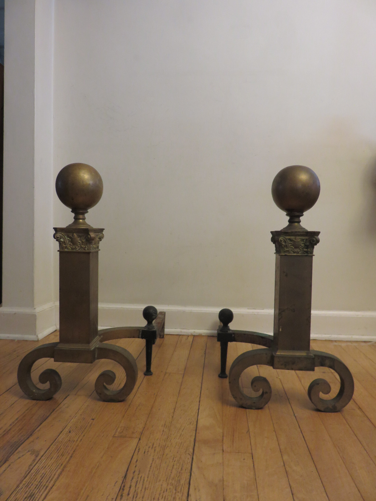 Antique Massive Brass Corinthian Column w Mollusk Cannonball Fireplace Andirons