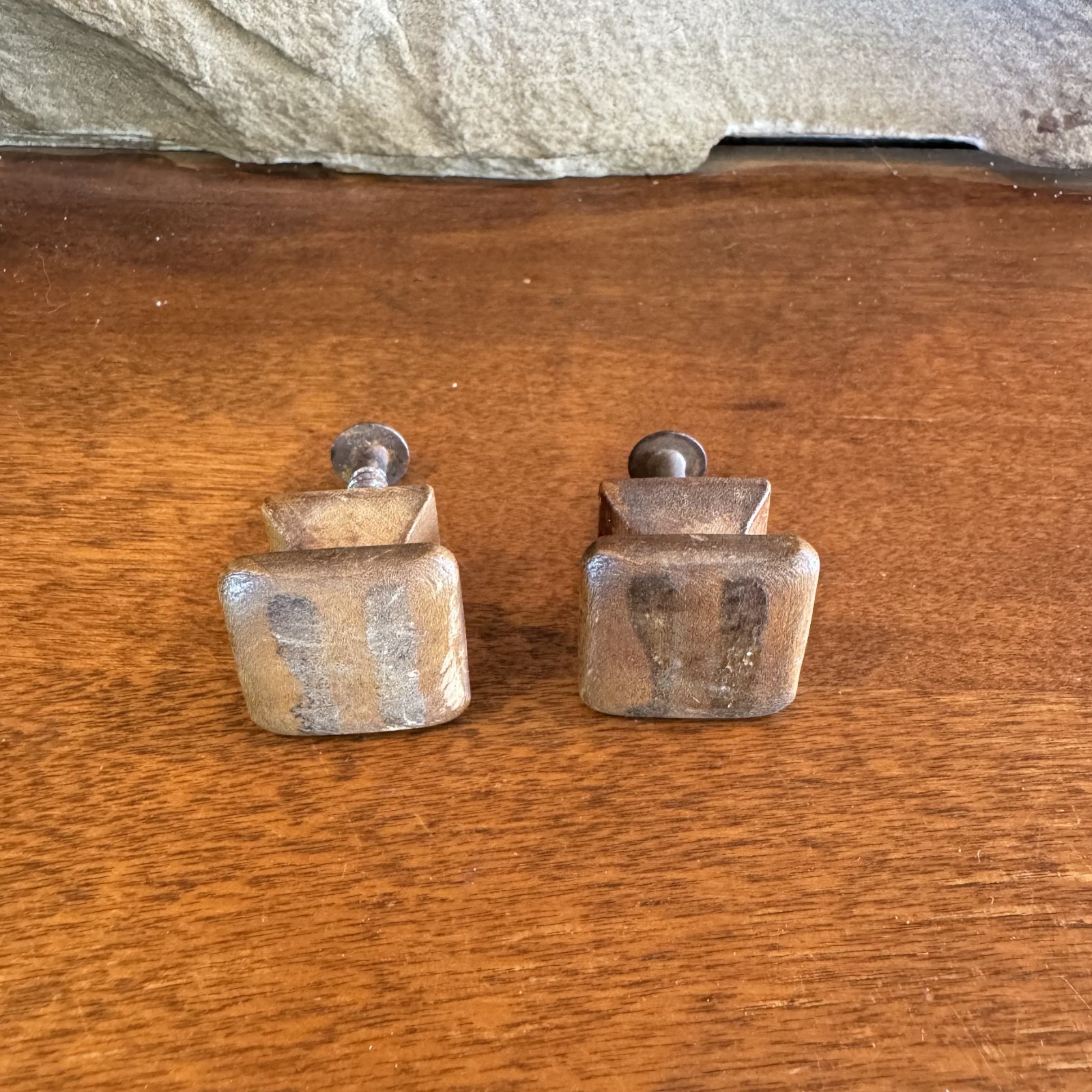 Set of 2 Old Wood Knobs Drawer Cabinet Vintage Door Pulls Rustic Country 1”