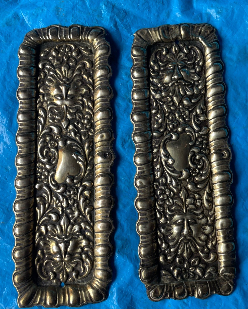 2 GREEN MAN Antique Reclaimed Brass DOOR Finger Push Plates 237x78mm ULTRA RARE